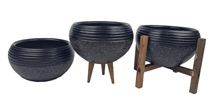 Ev Dekorasyon  Siyah Granit Küp Aranjman Saksı Saksılık Salon Çiçeklik Üçlü Set